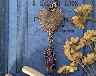 Copper heart necklace with wire wrapped amethyst charm, crystal pendant, valentine's jewellery, heart pendant