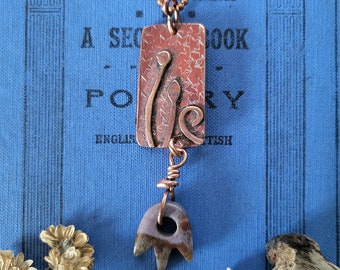 Oxidized rustic copper pendant with agate crystal charm, boho jewellery, gift for her