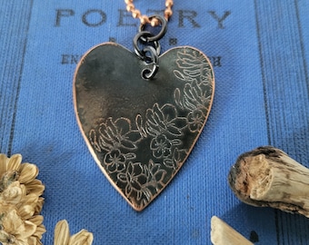 Mixed metal etched copper heart love & light word necklace. Quote jewellery