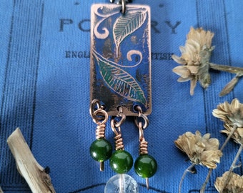 Etched leaf necklace with crystal charms, nature lover jewellery, green and blue patina necklace