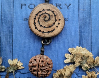 Wooden pendant with hanging Rudraksha seed, wood necklace, unisex pendant, spiral pendant, spiritual gifts