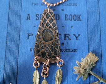 Etched copper dreamcatcher pendant with metal feathers, oxidized pendant with feather charm