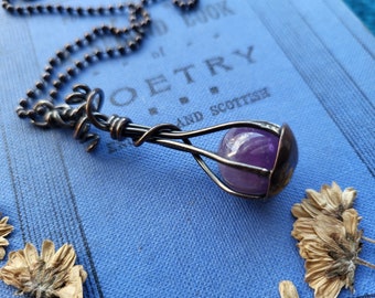 Oxidized copper wire wrapped amethyst sphere crystal necklace, copper and crystal pendant, best friend present