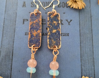 Blue copper star earrings with Rose quartz and opalite beads, star jewellery, celestial gifts