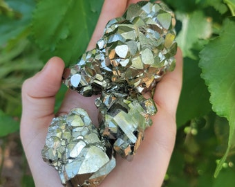 May include: A cluster of raw pyrite crystals, also known as fool's gold, in various sizes and shapes. The crystals are a metallic silver color with a slight golden sheen.