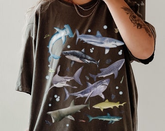 Camiseta de tiburón, camiseta retro de vida marina, camiseta de gran tiburón blanco, salvemos el océano, ropa de tiburón, regalo para amantes de los tiburones, tiburón martillo, camiseta de playa