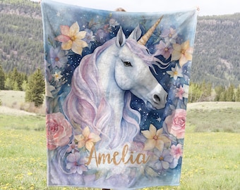 Personalized Unicorn Blanket, Custom Name Unicorn Gift, Magical Unicorn Room Decor, Cozy Velveteen Throw, Pastel Flower Positivity Blanket
