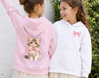Cute Cat Sweatshirt for Girls, Coquette Kitten Youth Hoodie, Pink Bow Kids Hooded Sweatshirt