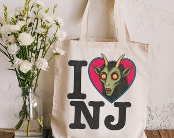 Cryptid Tote Bag, New Jersey Devil, I Heart NJ Canvas Tote, Weird NJ Folklore Gift