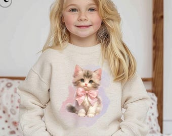 Coquette Kitten Toddler Sweatshirt, Pink Bow Cat Sweater for Girls, Soft Pastel Cute Crewneck, Sizes 1T to 7T