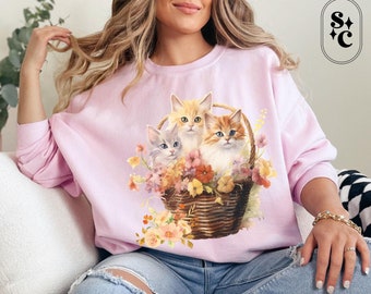 Retro Kitten Sweatshirt, Coquette Sweater, Cottagecore, Dollette, Vintage Vibe Sweatshirt, Cat Lover Gift, Kitchy Kittens in Basket Crewneck