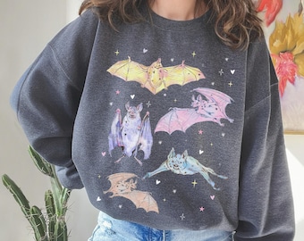 Pastel Halloween Bat Sweatshirt, Whimsigoth Sweater, Spooky Girly, Creepy Cute Crewneck, Goblincore, Pastel Goth Clothes, Pink Halloween