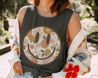 Floral Comfort Colors Tank, Summer Tank, Vintage Look Tank, Oversize Tank Top, Cute Summer Shirt, Beach Cover Up Tank, Festival Tank Top