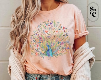 Peacock Shirt, Boho Flower Tshirt, Animal Lover Gift, Mom Floral Tee, Peacock Feather Gift, Colorful Bird Tee, Bird Art Shirt, Mothers Day