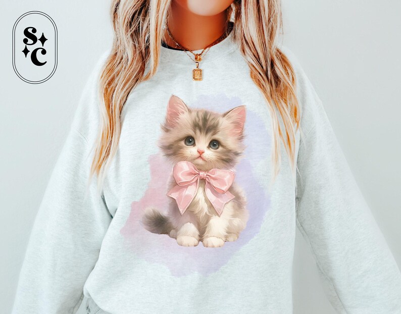 Kitten Bow Sweatshirt, Coquette Sweater, Vintage Kitten Crewneck, Sweet Baby Cat Shirt, Dollette, Pastel Goth, Cat Mom, Cat Lover Gift, Ballet Core, Soft Girl Aesthetic, Hyper Feminine
