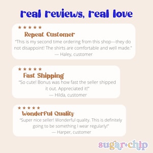 May include: A light beige graphic with the text "real reviews, real love" in blue. Three customer reviews are displayed in white boxes with star ratings. The shop name "sugar+chip" is in the bottom right corner.