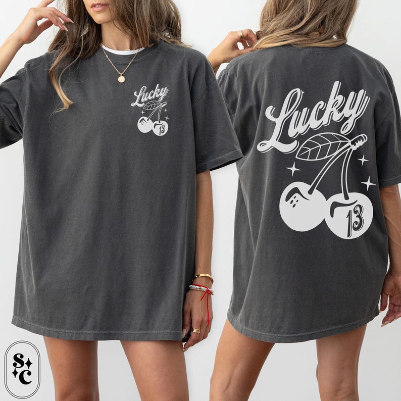 Cherry Shirt, Lucky Number 13 Tshirt, Comfort Colors, 13th Birthday T-shirt, 13 Year Anniversary Gift,Thirteen Tee, Trendy Retro Rebel Tee, Oversized Shirt, Back Print Shirt, 13 Mom Shirt