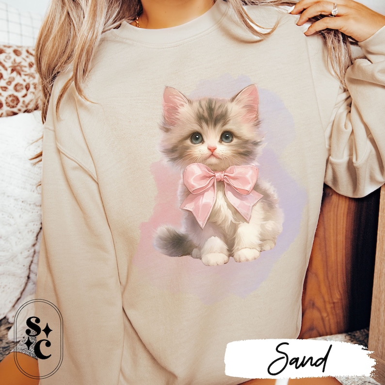 Kitten Bow Sweatshirt, Coquette Sweater, Vintage Kitten Crewneck, Sweet Baby Cat Shirt, Dollette, Pastel Goth, Cat Mom, Cat Lover Gift, Ballet Core, Soft Girl Aesthetic, Hyper Feminine