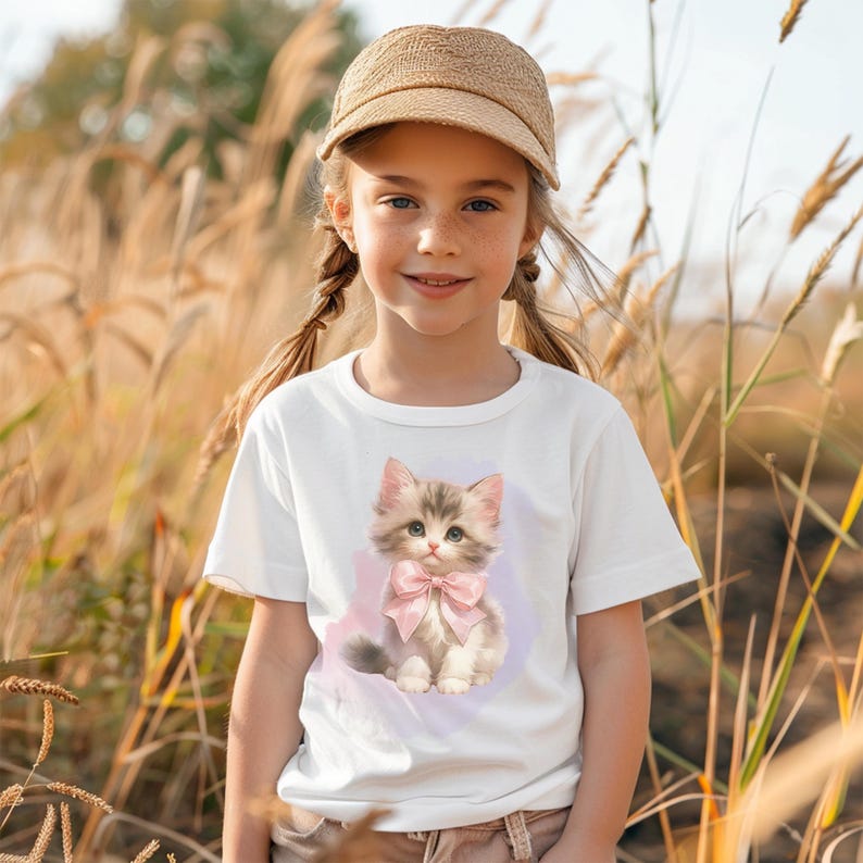 Kitten Shirt for Girl, Cute Cat Tshirt, Youth Cat T-shirt, Kids Cat Lover Tee, Birthday Girl Cat Gift, Kitten with Pink Bow, Youth Cat Shirt, Granddaughter Gift, Daughter Gift, Girl Who Loves Cats Gift, Adorable Kitten Shirt