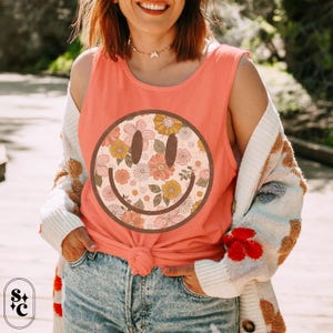 Floral Comfort Colors Tank, Summer Tank, Vintage Look Tank, Oversize Tank Top, Cute Summer Shirt, Beach Cover Up Tank, Festival Tank Top, Oversized Tank Top, Loose Fit Tank Top,Smile Tank Top, Beachy Tank Top
