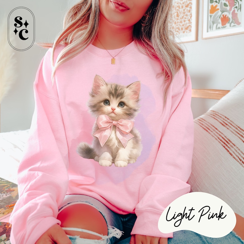 Kitten Bow Sweatshirt, Coquette Sweater, Vintage Kitten Crewneck, Sweet Baby Cat Shirt, Dollette, Pastel Goth, Cat Mom, Cat Lover Gift, Ballet Core, Soft Girl Aesthetic, Hyper Feminine