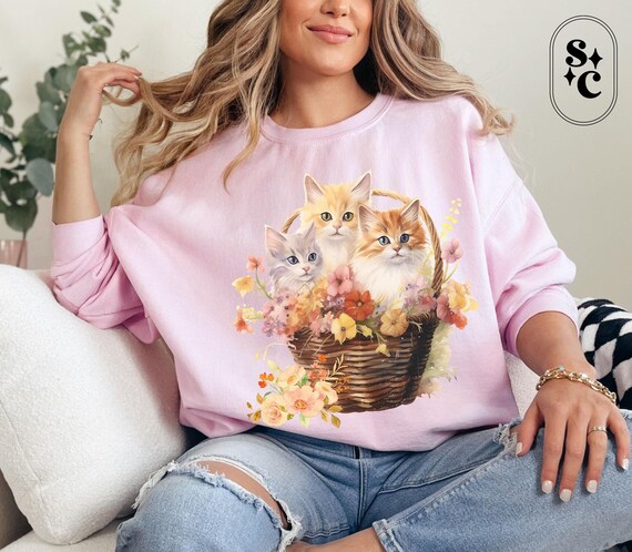 Retro Kitten Sweatshirt, Coquette Sweater, Cottagecore, Dollette, Vintage Vibe Sweatshirt, Cat Lover Gift, Kitchy Kittens in Basket Crewneck