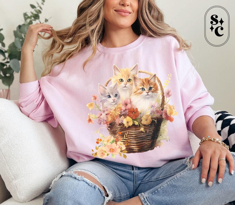 Retro Kitten Sweatshirt, Coquette Sweater, Cottagecore, Dollette, Vintage Vibe Sweatshirt, Gift for Cat Lover, Kittens in Basket Crewneck, Kitchy Clothes, 1980s Sweatshirt, Softcore, Retro Kittens Sweatshirt