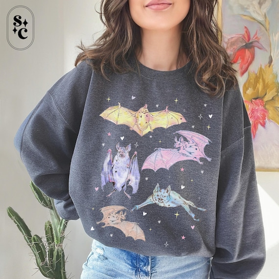 Pastel Halloween Bat Sweatshirt, Whimsigoth Sweater, Spooky Girly, Creepy Cute Crewneck, Goblincore, Pastel Goth Clothes, Pink Halloween