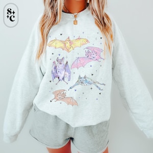 Pastel Halloween Bat Sweatshirt, Whimsigoth Sweater, Spooky Girly, Creepy Cute Crewneck, Goblincore, Pastel Goth Clothes, Pink Halloween, Plus Size Halloween Sweatshirt, Womens Trendy Halloween Sweatshirt