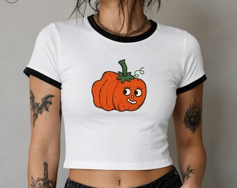 Halloween Baby Tee, Womens Cute Pumpkin Shirt, 80s Halloween Shirt, Fall Ringer Tee