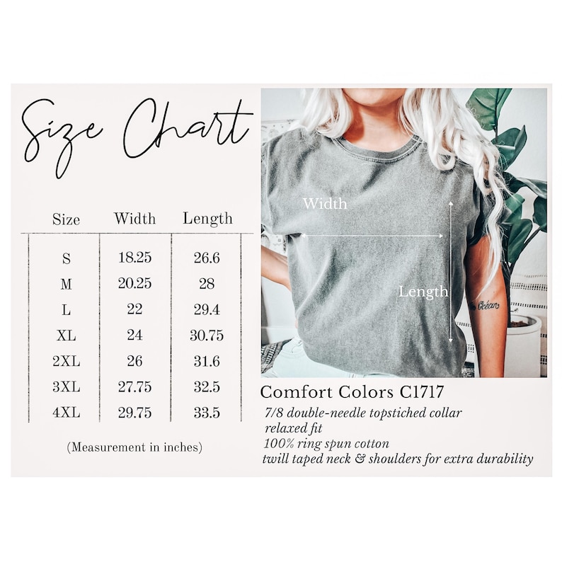 Puede incluir: Tabla de tallas para una camiseta con medidas en pulgadas para el ancho y la longitud. La tabla muestra las tallas S a 4XL. La camiseta se describe como cuello de 7/8 de doble aguja, ajuste relajado, 100% algod&oacute;n hilado en anillo, cuello y hombros con cinta de sarga para mayor durabilidad. Comfort Colors C1717.