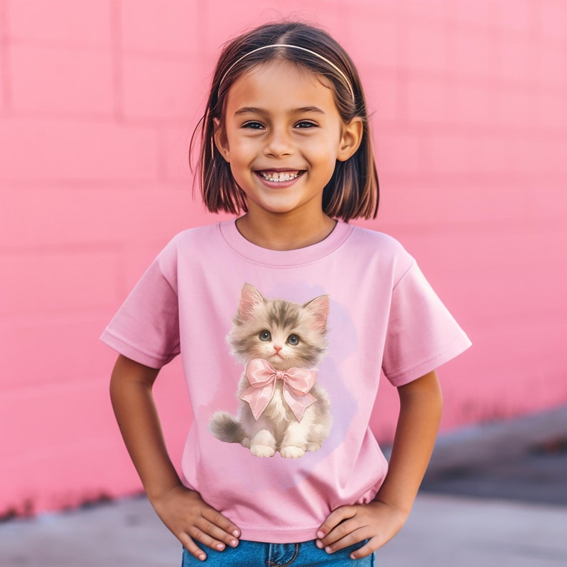Kitten Shirt for Girl, Cute Cat Tshirt, Youth Cat T-shirt, Kids Cat Lover Tee, Birthday Girl Cat Gift, Kitten with Pink Bow, Youth Cat Shirt, Granddaughter Gift, Daughter Gift, Girl Who Loves Cats Gift, Adorable Kitten Shirt