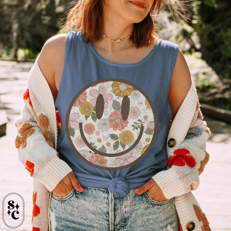 Floral Comfort Colors Tank, Summer Tank, Vintage Look Tank, Oversize Tank Top, Cute Summer Shirt, Beach Cover Up Tank, Festival Tank Top, Oversized Tank Top, Loose Fit Tank Top,Smile Tank Top, Beachy Tank Top