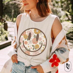 Floral Comfort Colors Tank, Summer Tank, Vintage Look Tank, Oversize Tank Top, Cute Summer Shirt, Beach Cover Up Tank, Festival Tank Top, Oversized Tank Top, Loose Fit Tank Top,Smile Tank Top, Beachy Tank Top
