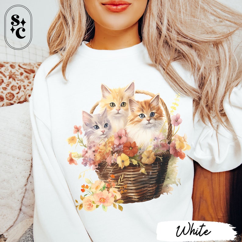 Retro Kitten Sweatshirt, Coquette Sweater, Cottagecore, Dollette, Vintage Vibe Sweatshirt, Gift for Cat Lover, Kittens in Basket Crewneck, Kitchy Clothes, 1980s Sweatshirt, Softcore, Retro Kittens Sweatshirt