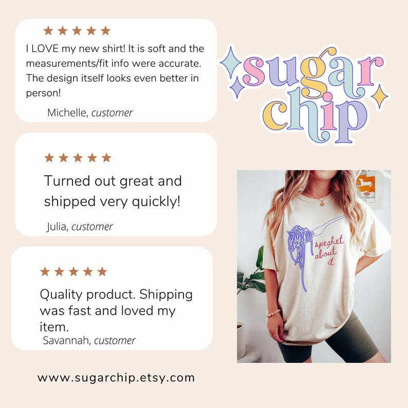 May include: Three customer reviews for a t-shirt with the text "speghet about it" printed on it. The t-shirt is light beige and features a graphic of spaghetti noodles. The reviews are positive and highlight the quality of the product and the speed of shipping.