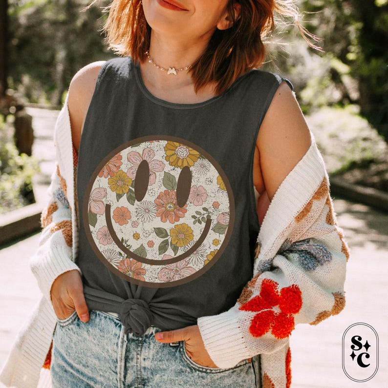 Floral Comfort Colors Tank, Summer Tank, Vintage Look Tank, Oversize Tank Top, Cute Summer Shirt, Beach Cover Up Tank, Festival Tank Top, Oversized Tank Top, Loose Fit Tank Top,Smile Tank Top, Beachy Tank Top