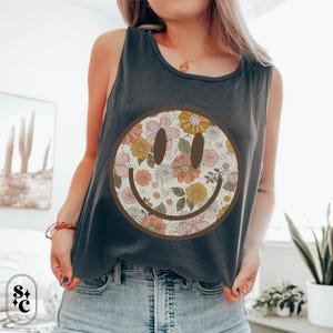 Floral Comfort Colors Tank, Summer Tank, Vintage Look Tank, Oversize Tank Top, Cute Summer Shirt, Beach Cover Up Tank, Festival Tank Top, Oversized Tank Top, Loose Fit Tank Top,Smile Tank Top, Beachy Tank Top