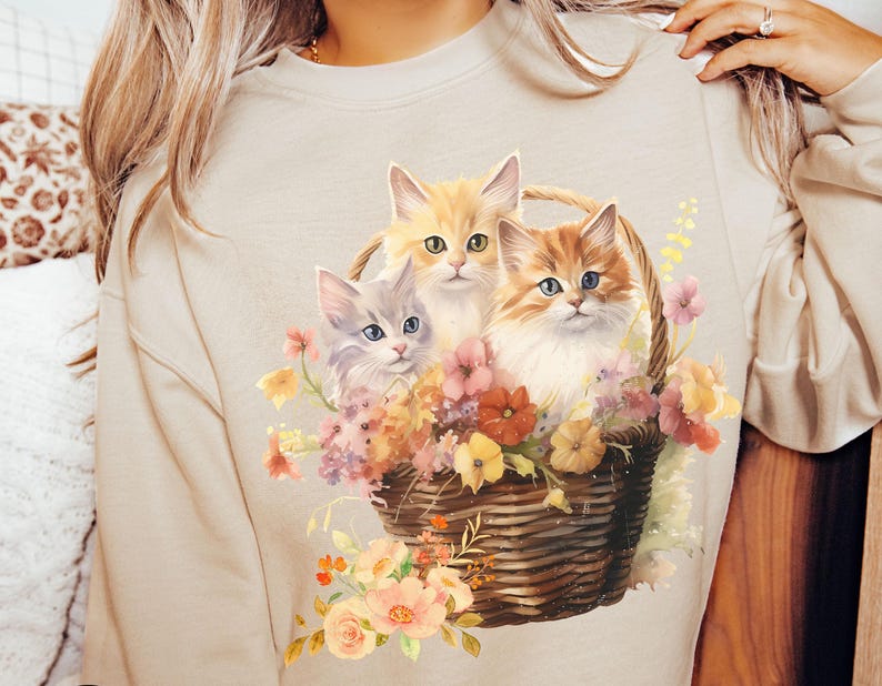 Retro Kitten Sweatshirt, Coquette Sweater, Cottagecore, Dollette, Vintage Vibe Sweatshirt, Gift for Cat Lover, Kittens in Basket Crewneck, Kitchy Clothes, 1980s Sweatshirt, Softcore, Retro Kittens Sweatshirt