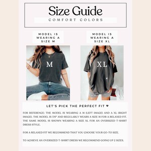 Peut inclure: Guide des tailles pour les t-shirts Comfort Colors. L'image montre deux mod&egrave;les portant des tailles diff&eacute;rentes, M et XL, avec les lettres "M" et "XL" sur les chemises. Le guide donne des recommandations de taille pour une coupe d&eacute;contract&eacute;e et une robe t-shirt surdimensionn&eacute;e.