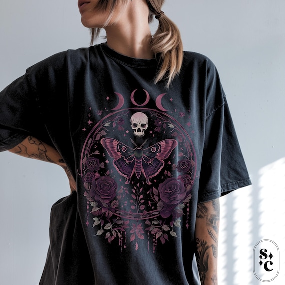 Floral Goth Moth Shirt, Dark Cottagecore Tee, Witchy Shirt, Goth Mom Shirt, Occult Bookworm, Spooky Cute Skull Tshirt, Goblincore T-shirt