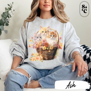 Retro Kitten Sweatshirt, Coquette Sweater, Cottagecore, Dollette, Vintage Vibe Sweatshirt, Gift for Cat Lover, Kittens in Basket Crewneck, Kitchy Clothes, 1980s Sweatshirt, Softcore, Retro Kittens Sweatshirt