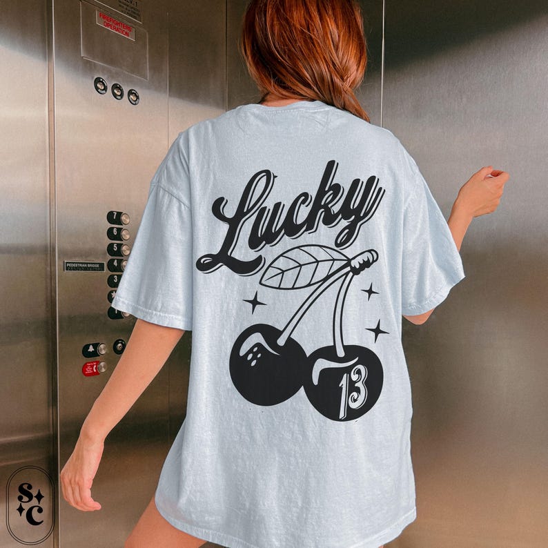 Cherry Shirt, Lucky Number 13 Tshirt, Comfort Colors, 13th Birthday T-shirt, 13 Year Anniversary Gift,Thirteen Tee, Trendy Retro Rebel Tee, Oversized Shirt, Back Print Shirt, 13 Mom Shirt