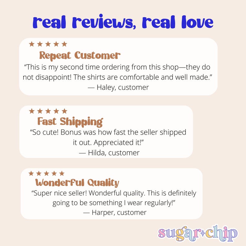 May include: A graphic display titled real reviews, real love featuring three five-star customer testimonials. Each review includes a heading, a quote about shirt quality and shipping speed, and a customer name. The bottom right displays the text sugar chip.
