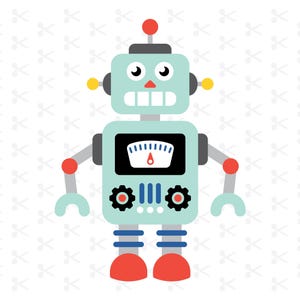 Puede incluir: Ilustración de un robot de dibujos animados en azul claro, gris, rojo, amarillo y negro. El robot tiene un medidor en el pecho, detalles de engranajes y pies rojos. El fondo es blanco con un patrón de pequeñas tijeras.