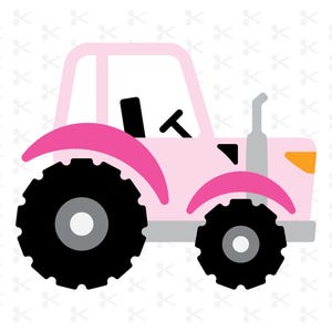 May include: A pink toy tractor with black wheels. The tractor has a gray exhaust pipe and a pink fender.