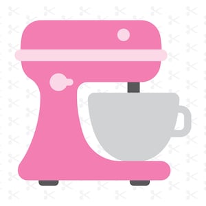 May include: A pink stand mixer with a white bowl. The mixer has a silver knob and a white band around the top.