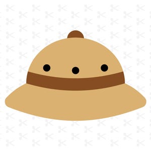 May include: A tan safari hat with a brown brim and three black buttons on the crown.