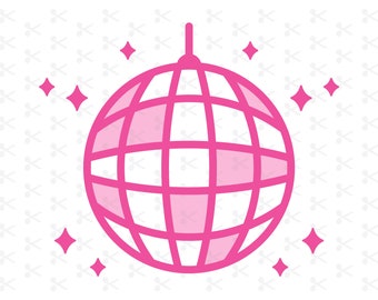 May include: A pink disco ball with a grid pattern and a silver top. The disco ball is surrounded by pink stars.