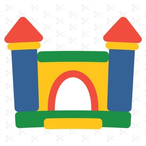 Può includere: Un castello gonfiabile colorato con un arco rosso e torri blu. Il castello gonfiabile è verde, giallo e rosso.